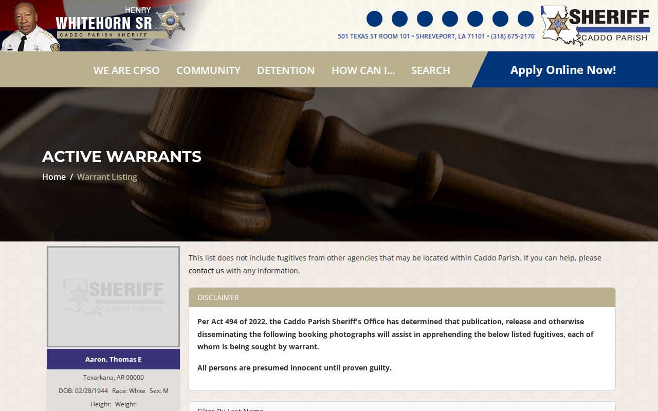 Caddo Parish warrant photo policy distinct from released inmate mugshots